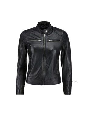 Genuine Lambskin Leather Cafe Racer Jacket Quilted Shoulders Zip Front